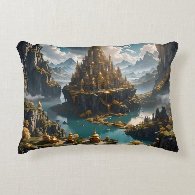 Mythical Golden Sky Castle Fantasy Landscape .... Accent Pillow (Front)