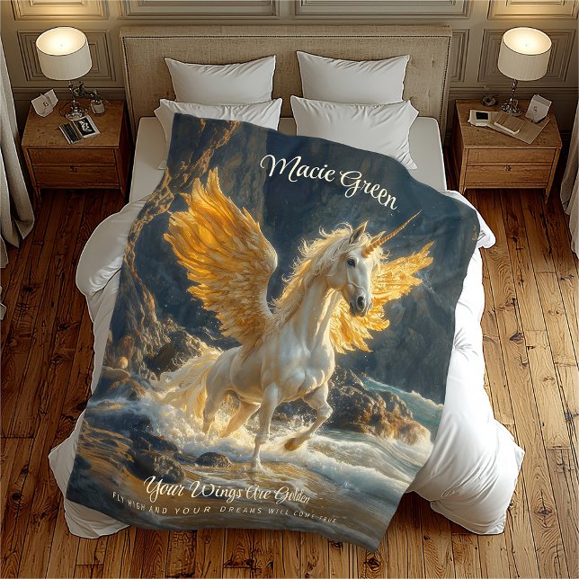 Mythical Golden Winged Pegasus Ocean Fantasy Horse Fleece Blanket (Creator Uploaded)