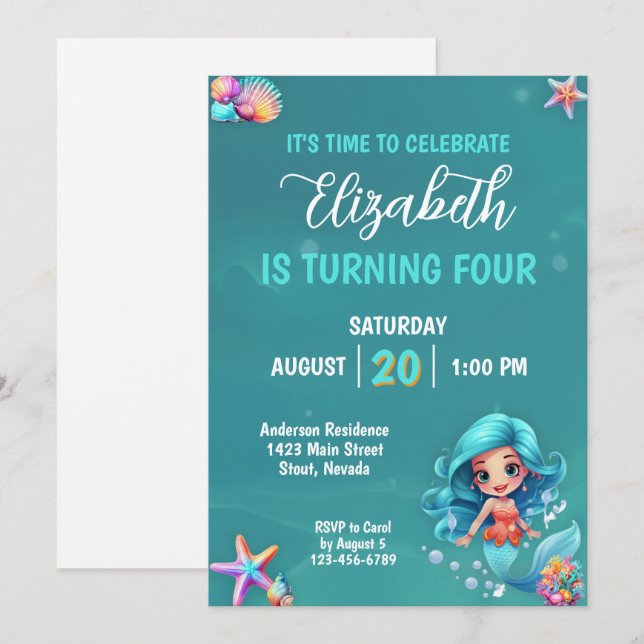 Mythical Magical Mermaid Birthday Party Invitation (Front/Back)