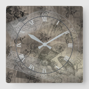 Mythical Owl Halloween Ephemera Paper Pattern Square Wall Clock