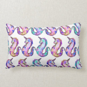 Mythical Pink Teal Unicorn Seahorse Watercolor Lumbar Pillow