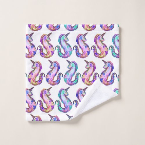 Mythical Pink Teal Unicorn Seahorse Watercolor Wash Cloth