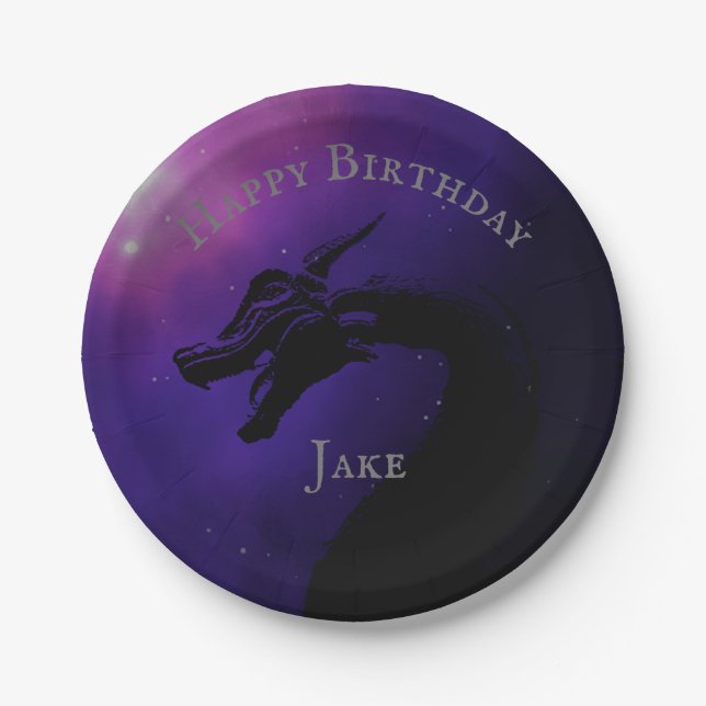 Mythical Purple Moonlit Dragon Happy Birthday Paper Plates (Front)