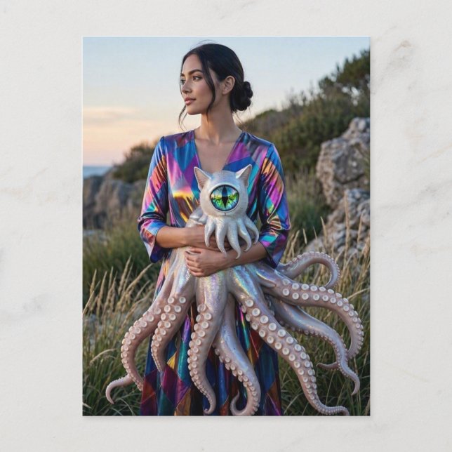 Mythical Sea Creature Cat Octopus and Lady Postcard (Front)