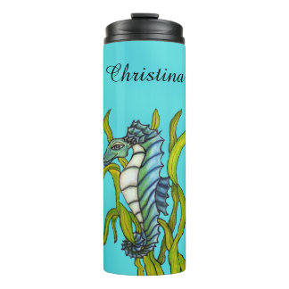 Mythical Sea Dragon Wrapped in Seaweed Aqua Blue Thermal Tumbler