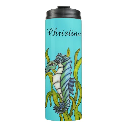 Mythical Sea Dragon Wrapped in Seaweed Aqua Blue Thermal Tumbler