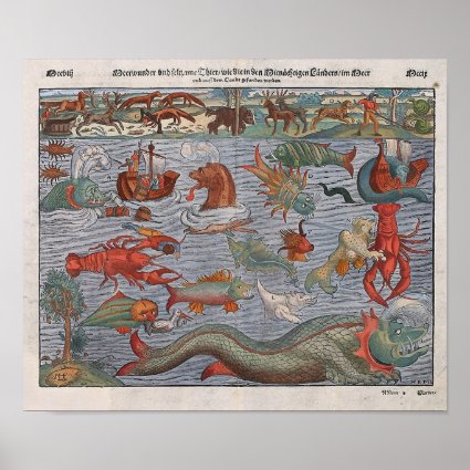 Mythical Sea Monsters old map Poster