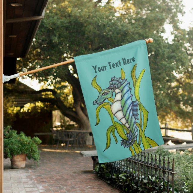 Mythical Seahorse Aqua Blue White in Seaweed House Flag (In SItu)