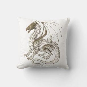 Mythical Silver Dragon Vintage Fantasy Graphic  Throw Pillow