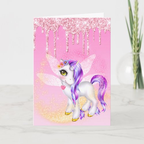 Mythical unicorn glitter pony purple hair dripping card