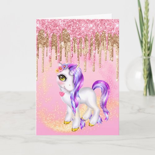 Mythical unicorn glitter pony purple hair dripping card