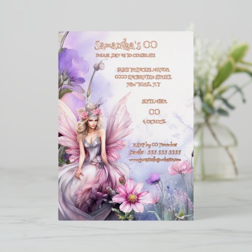 Mythical watercolor fairy princess pink floral  foil invitation