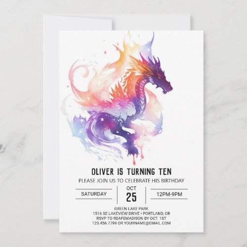 Mythical Watercolor Kids Dragon Birthday Invitation