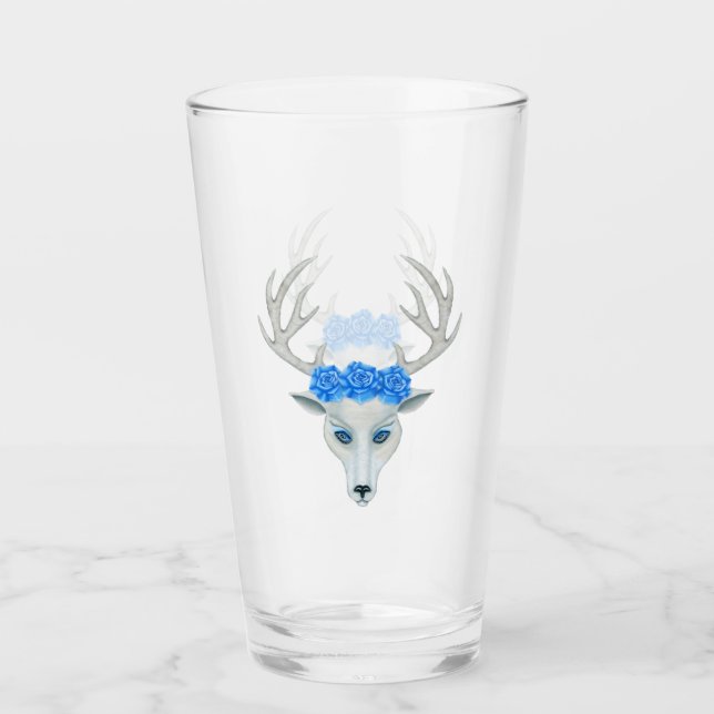 Mythical White Deer Head Antlers Blue Eyes Roses Glass (Front)
