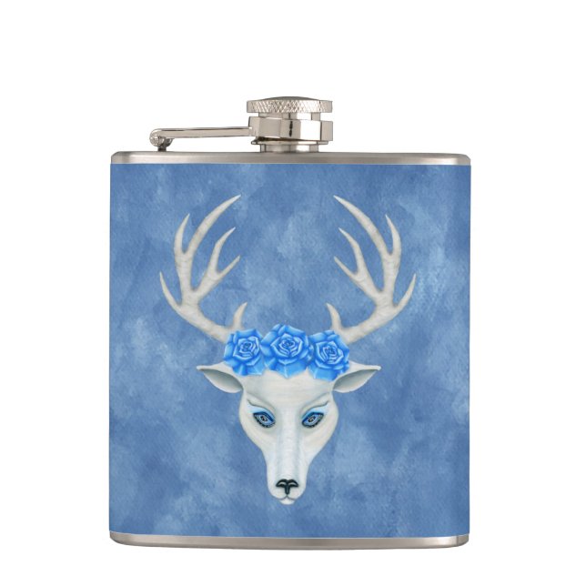 Mythical white Deer Head Antlers Face Blue roses Flask (Front)