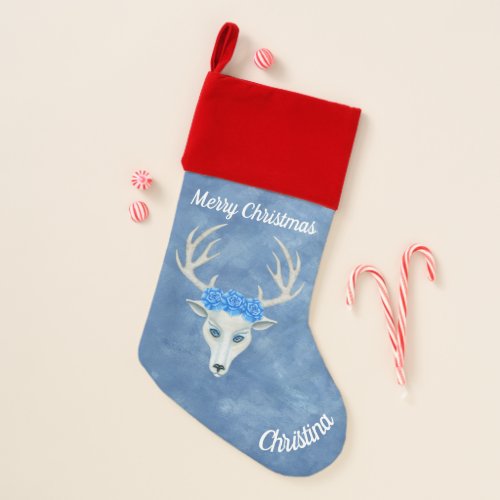 Mythical White Deer Head Antlers Pretty Roses Blue Christmas Stocking
