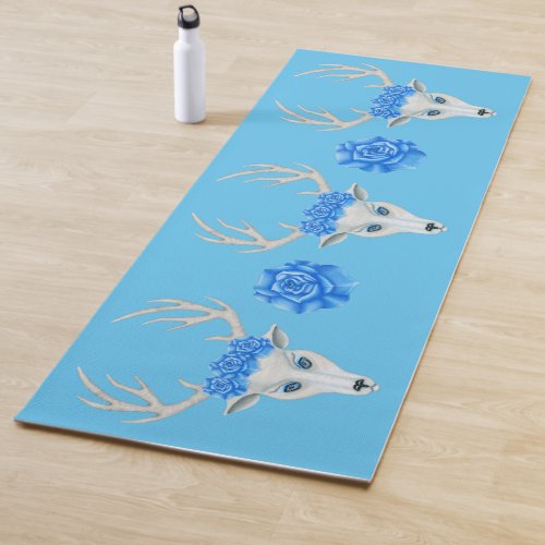 Mythical White Deer Head Antlers Roses on Blue Yoga Mat