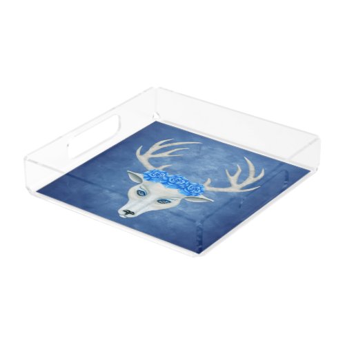 Mythical White Deer Head Antlers With Roses Blue Acrylic Tray