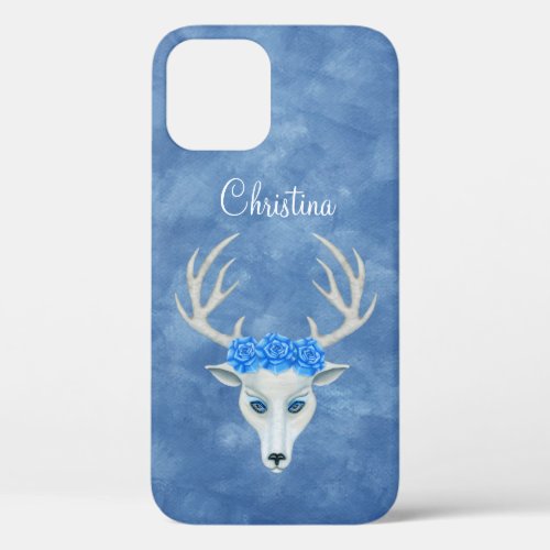 Mythical white Deer Head Blue Roses Big Antlers iPhone 12 Case