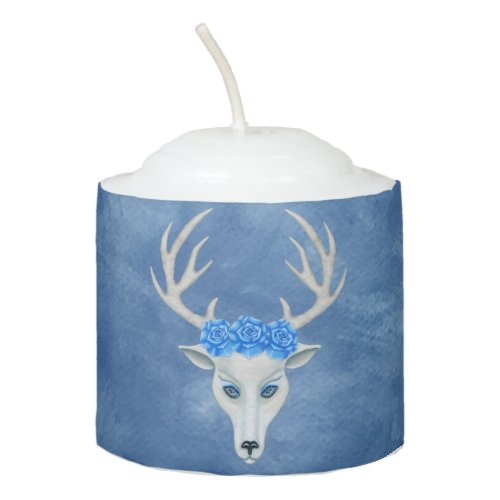 Mythical White Deer Head Blue Roses Large Antlers  Votive Candle