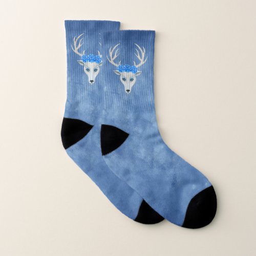 Mythical White Deer Head With big Blue Roses Socks