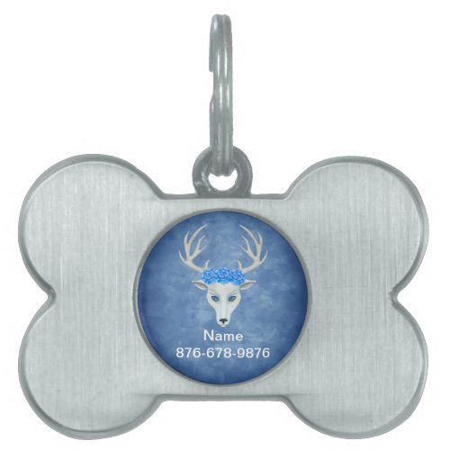 Mythical White Deer Head With Roses Antlers Blue Pet ID Tag