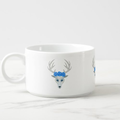 Mythical White Deer Heads Pretty Faces Blue Roses  Bowl