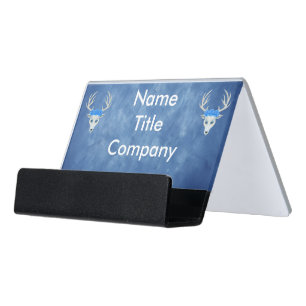 Mythical White Deer Heads With Antlers Roses Blue Desk Business Card Holder