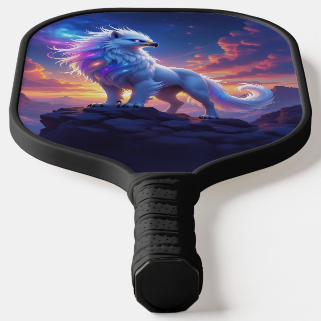 Mythical White Griffin on Top of the World Pickleball Paddle (Laydown)