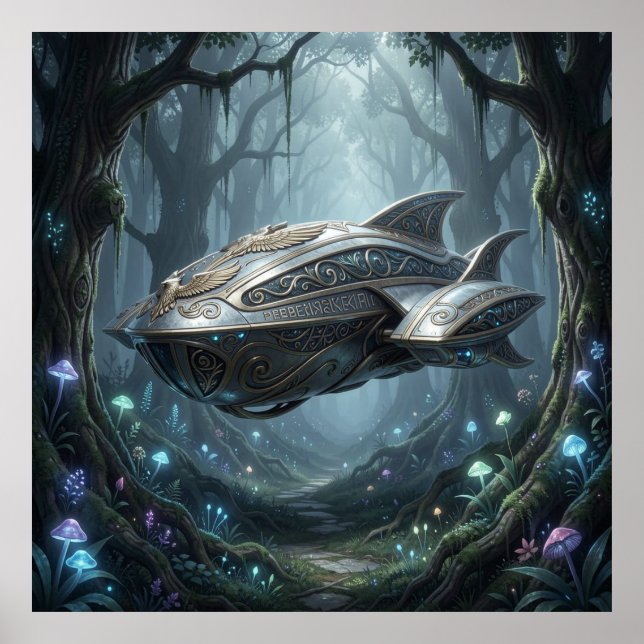 Mythological Cosmic Cruiser Hovering Over Biolumin Poster (Front)