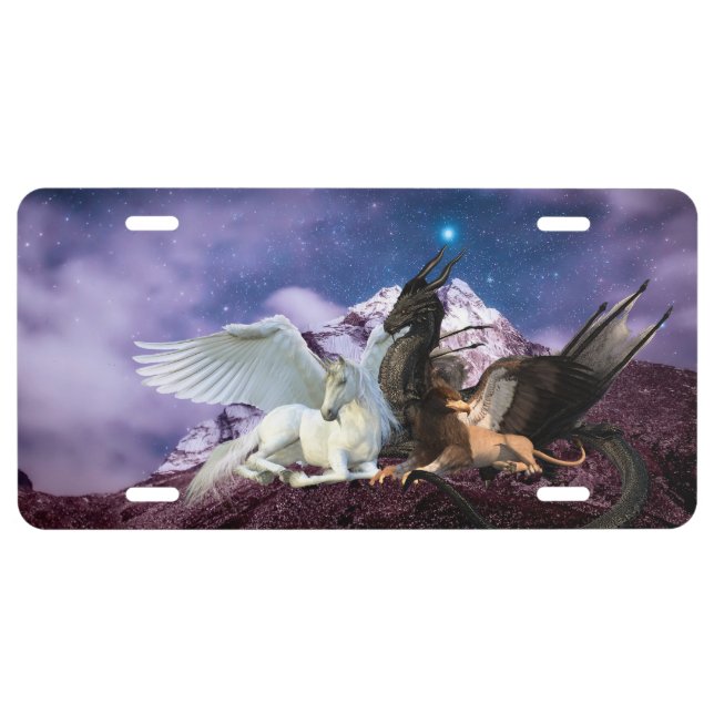 Mythology Dragon Griffin Unicorn Pegasus License Plate (Front)