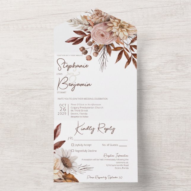 N. Barre - Rustic Boho Blush Neutrals Floral White All In One Invitation (Inside)