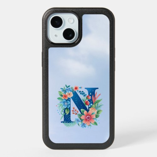N blue monogram with flowers and clouds iPhone 15 case
