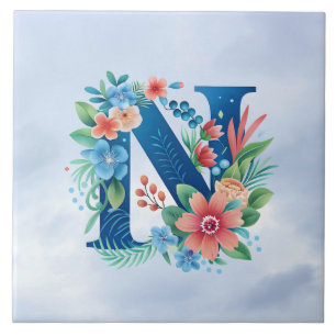 N blue monogram with flowers ceramic tile