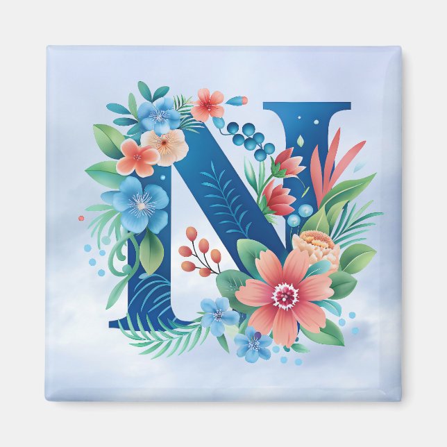 N blue monogram with flowers magnet (Front)