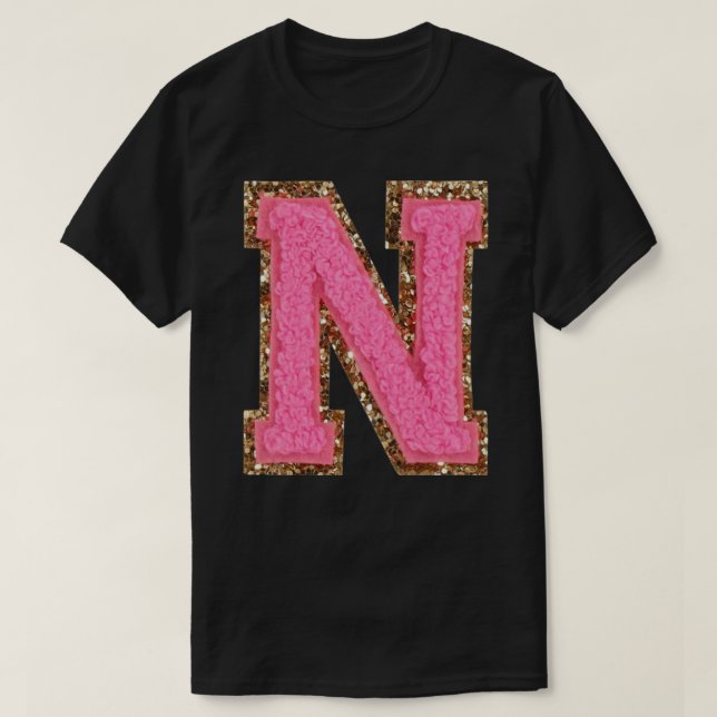 N - Bubblegum Glitter Varsity Letter Patches Stick T-Shirt (Design Front)