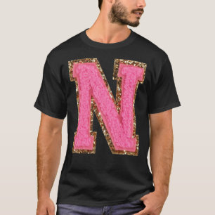 N - Bubblegum Glitter Varsity Letter Patches Stick T-Shirt