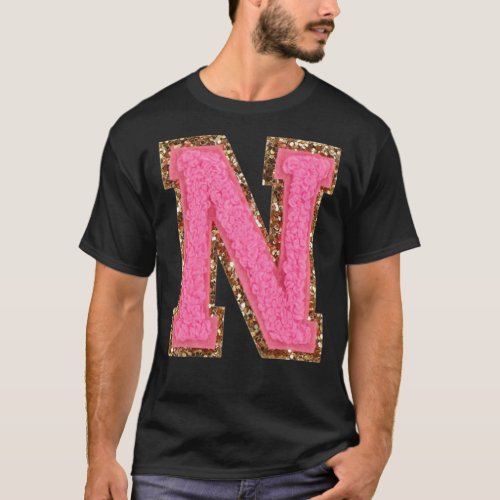 N _ Bubblegum Glitter Varsity Letter Patches Stick T_Shirt