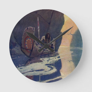N. C. Wyeth Indian Canoe Paddling Illustration Art Round Clock