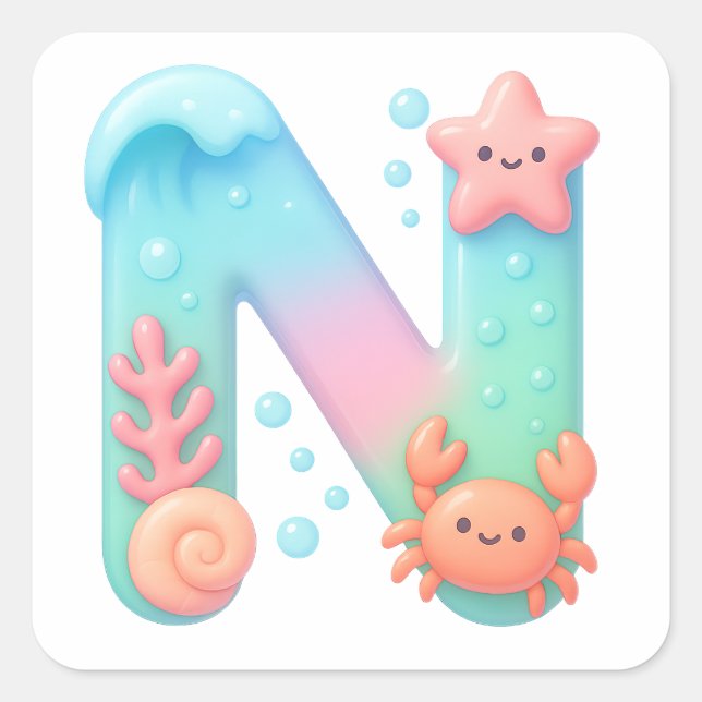 "N" Cute Letter - Underwater Sea Creature Square Sticker (Front)