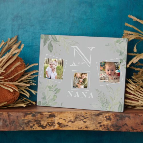 N is for Nana 3 Photo Collage Grey Plaque