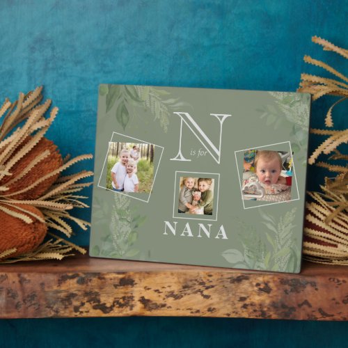 N is for Nana 3 Photo Collage Sage Plaque