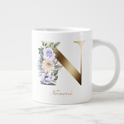 N Letter Gold Monogram Light Purple Cream Floral Giant Coffee Mug