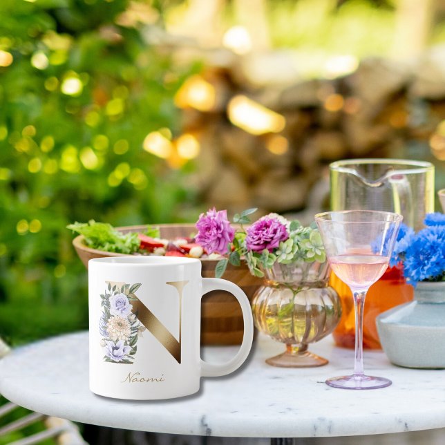 N Letter Gold Monogram Light Purple Cream Floral Giant Coffee Mug (Creator Uploaded)