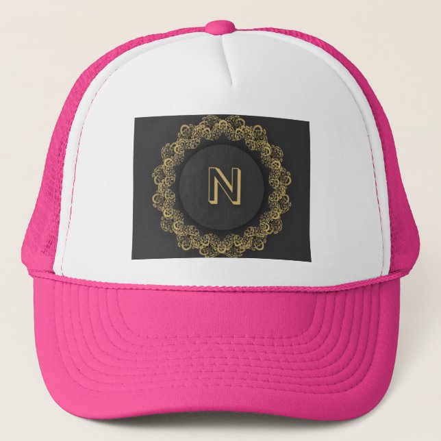 N Letter Initial Monogram Circle Hot Pink Color Trucker Hat (Front)