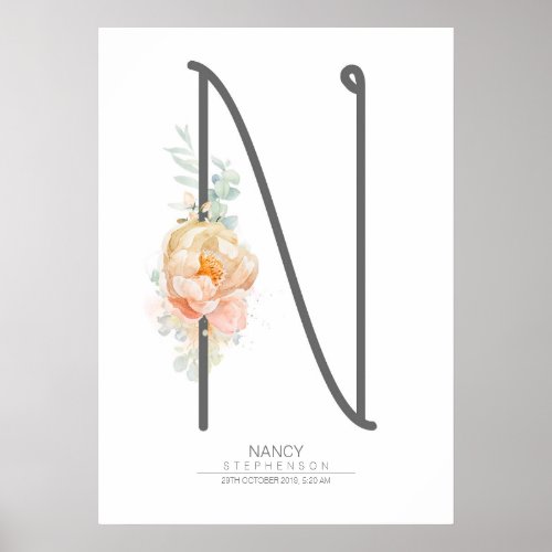 N Letter Monogram Blush Peach Floral Home Decor