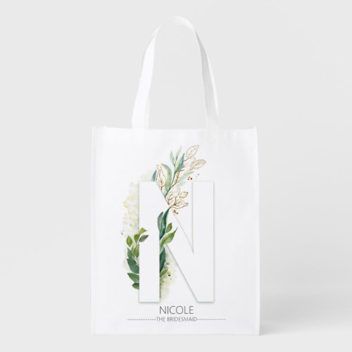 N Letter Monogram Elegant Gold Greenery Foliage Grocery Bag