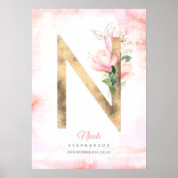 N Letter Monogram Gold Leaves Pink Magnolia Floral Poster