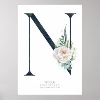 N Letter Monogram White Flowers and Greenery Poster