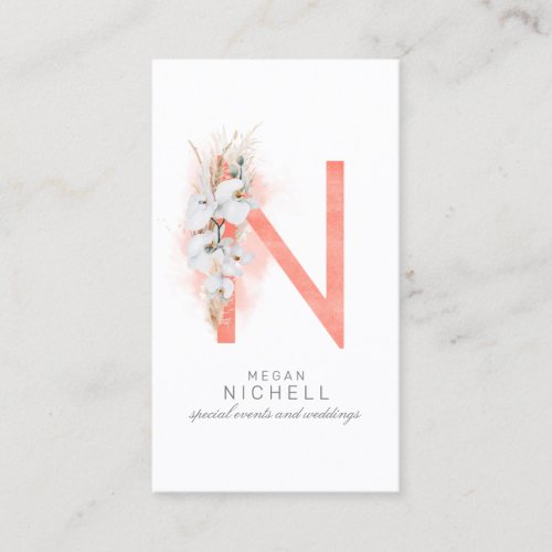 N Letter Monogram White Orchids and Pampas Grass Business Card